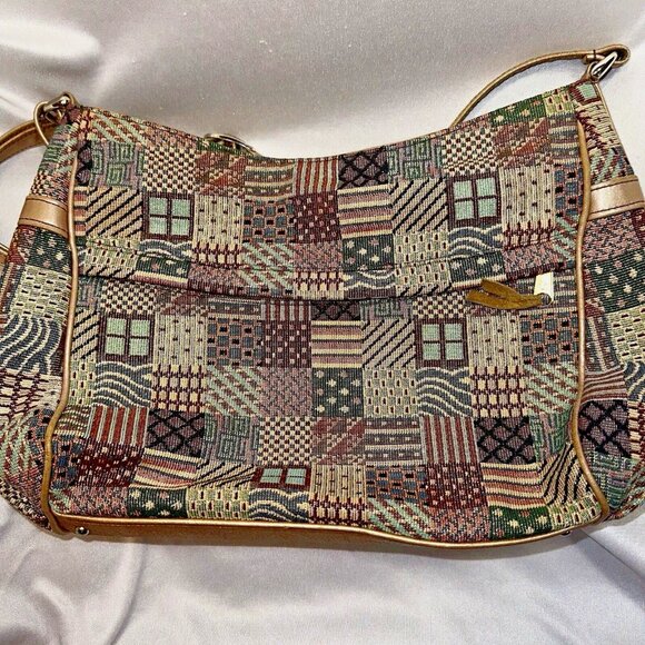 SAS Patchwork Tapestry Shoulder Bag Boho Cottagecore Metallic Gold Vintage - Picture 2 of 13